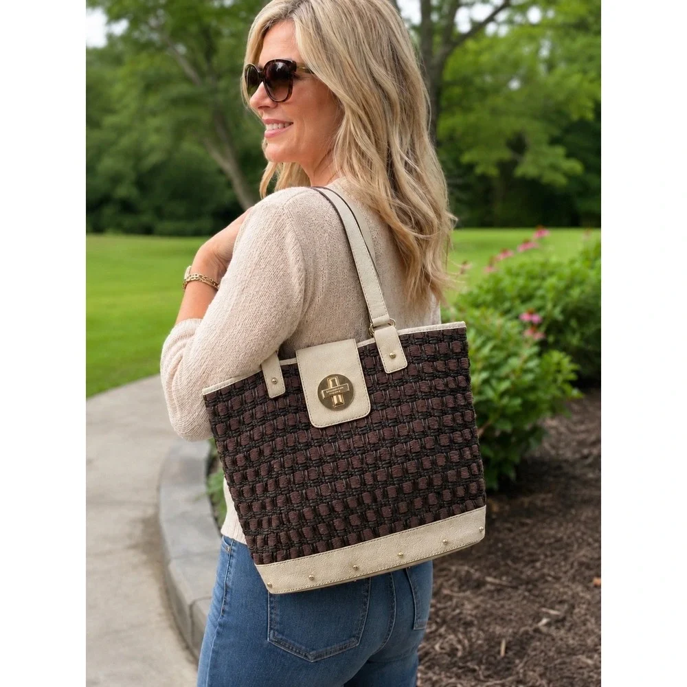 Vintage Kate Spade Woven Tote Cream Brown Classic Leather Designer Shoulder Bag